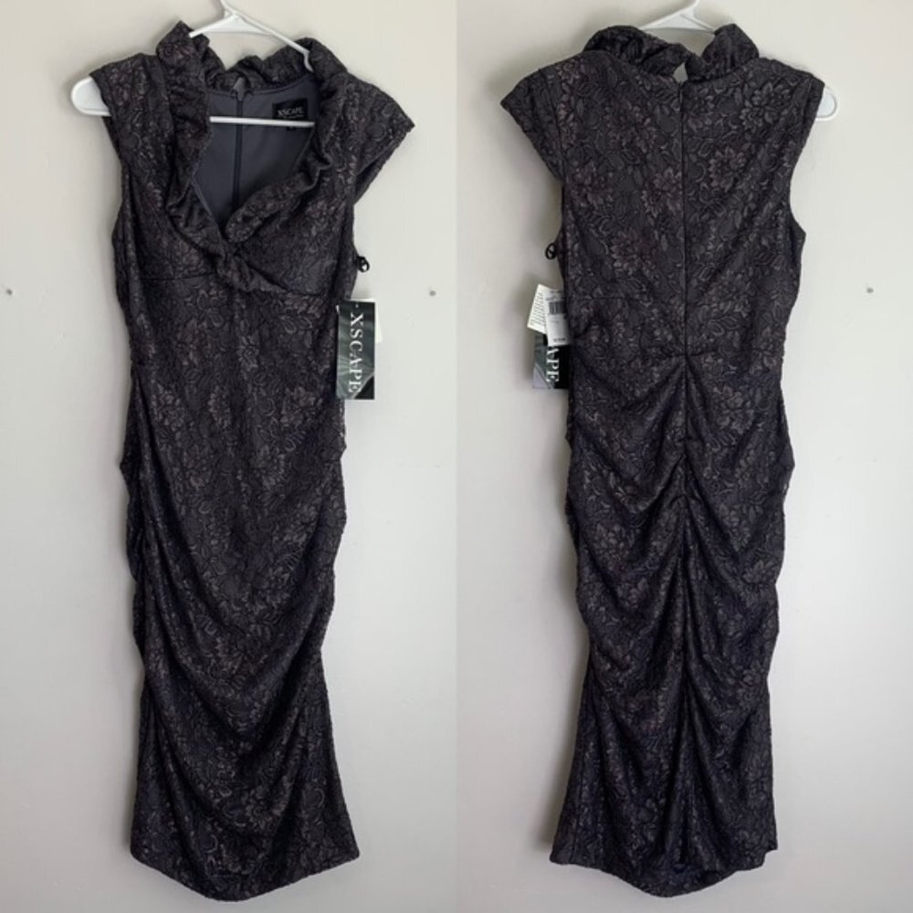 NWT XSCAPE Dark Gray Ruffle Avant Garde Lace Dress